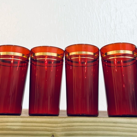 Set Of 6 Vintage Ruby Red With Gold Trim Drinking Glasses/ Vintage Glassware - Picture 11 of 14